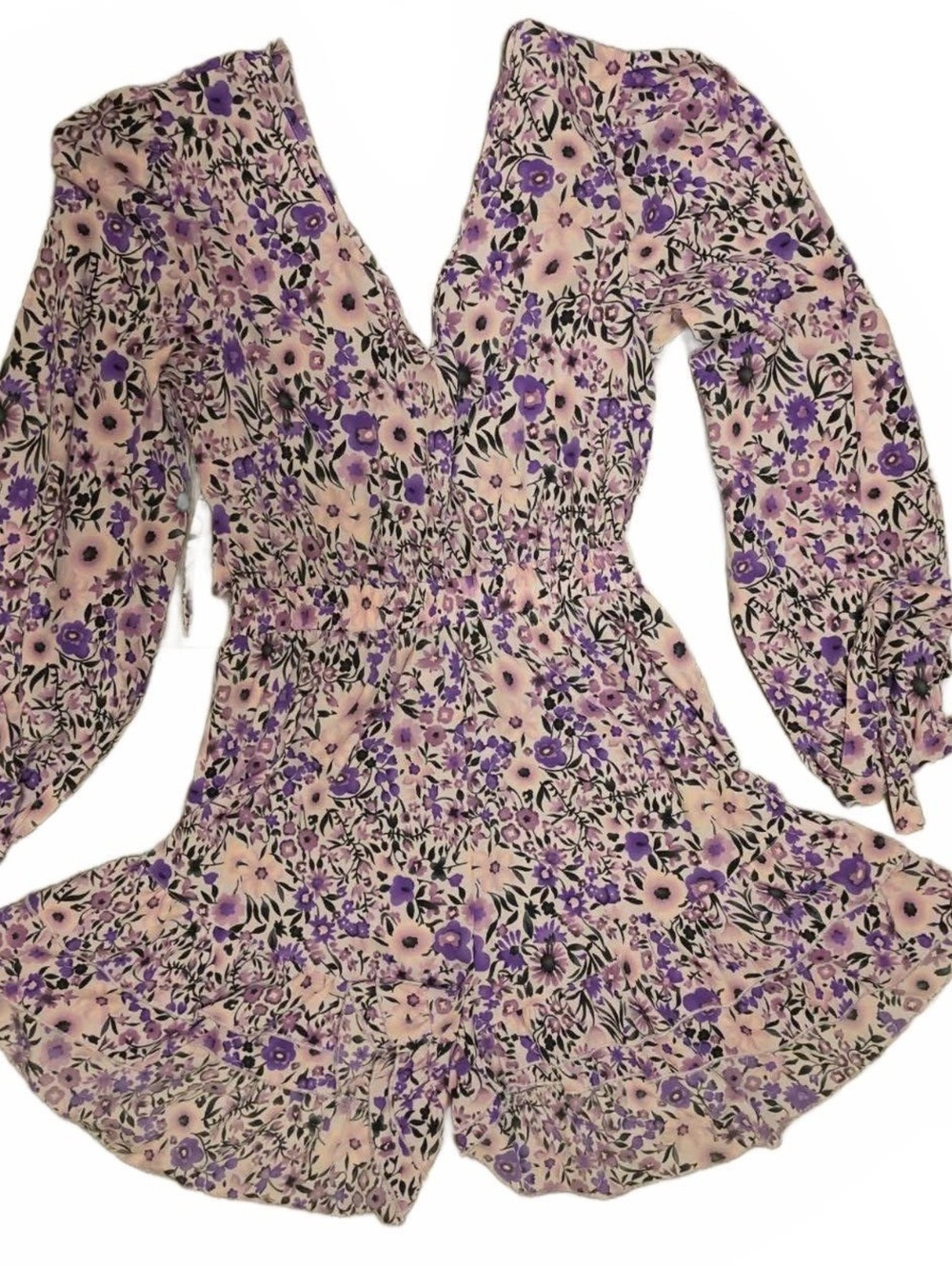 Boohoo Size 10 Floral Print Long Sleeve Romper with Tie Sleeves